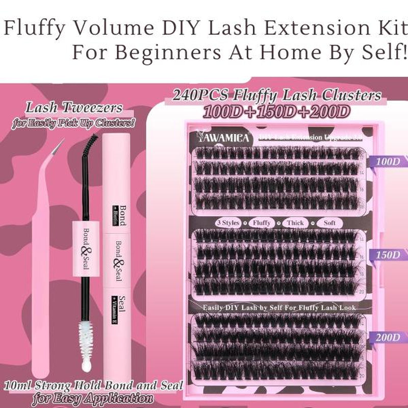 Eyelash Extension Kit 240Pcs Individual Lashes Kit with Bond Seal and Lash Applicator DIY at Home for Beginner